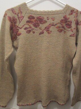 Sweater, Size Small, Colour Tan with Burgundy/Peach Embroidery